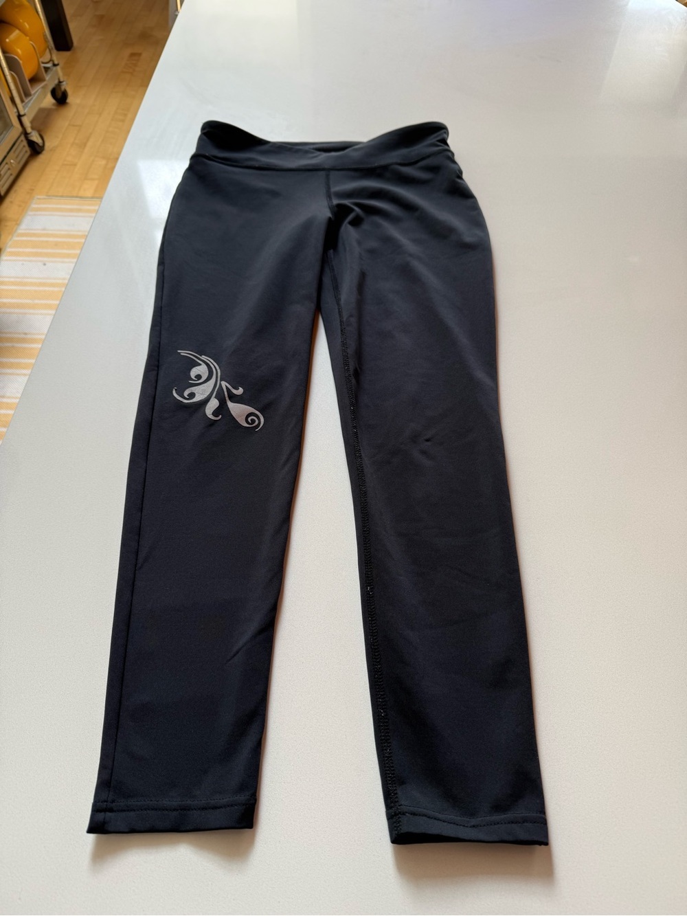 Athleta Tights Leggings with Silver Flower Reflective Accent, Black, Size M